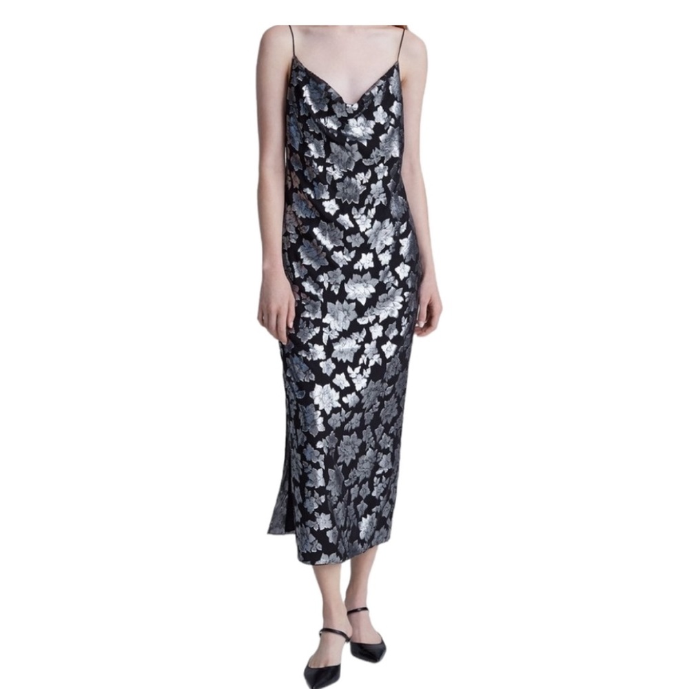 Club Monaco Jacquard Slip Dress Size 6 Semi Sheer Black Silver Metallic Floral